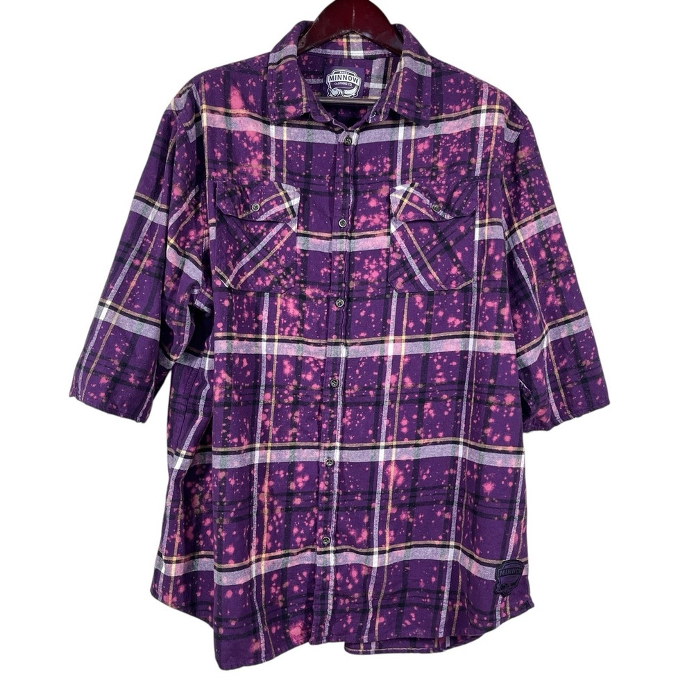 Angry Minnow Oversized Distressed Flannel Shirt Womens 2XL Purple 3/4 Raw Sleeve